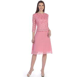 NWOT Sally Fashion 8838- Chiffon and Lace Knee Length Dress-Size SMALL- Rose